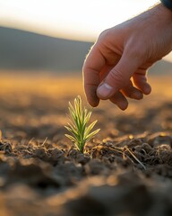 Fototapeta premium Close-up: Hand and Surviving Plant in Barren Field