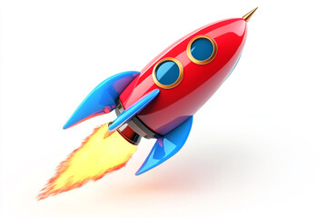 Red and Blue Cartoon Rocket Ship Launching into Space