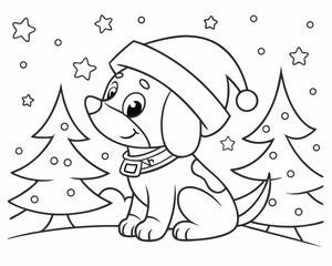 Obraz premium Festive Christmas Puppy Coloring Page – Cute Cartoon Dog in Santa Hat.