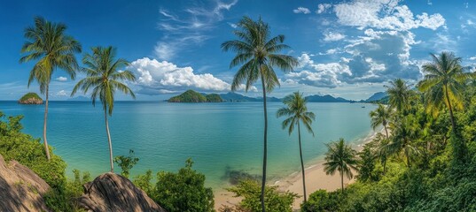 Fototapeta premium Serene Tropical Beach with Turquoise Water Surrounded by Lush Greenery and Palm Trees Under Blue Sky and Fluffy White Clouds