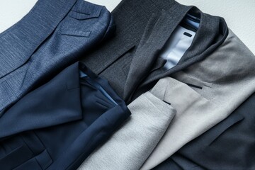 Top view of various men's suits in navy, charcoal, and light gray, neatly folded and arranged on a white surface clean and professional composition