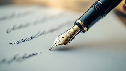 Fototapeta premium Close-up of luxury fountain pen signing a high-value contract on premium textured paper, symbol of success and exclusivity in business 