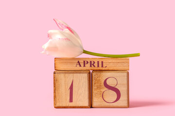 Cube calendar with date 18 April and beautiful tulip flower on pink background