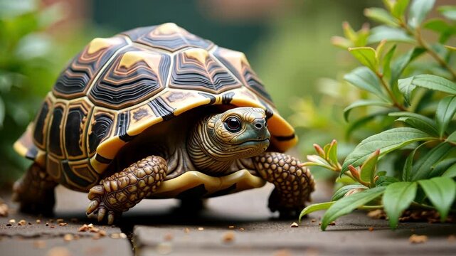 A close-up of a tortoise moving through lush green foliage, showcasing its unique shell patterns and curious expression.
