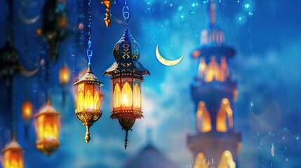 Obraz premium Islamic lanterns at night, mosque, crescent moon. Possible use Stock photo for Islamic celebration, Ramadan, or faith