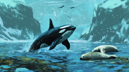Obraz premium Orca leaping in icy arctic waters with walruses.