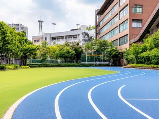 Vibrant Running Track Surrounded by Lush Greenery and Modern School Building Under a Bright Blue Sky