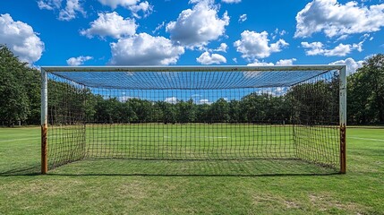 Soccer goal net on field with blue sky, and summer.