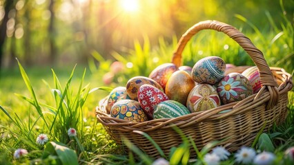 A wicker basket brimming with vibrantly decorated Easter eggs rests gently in a sun-drenched meadow of wildflowers and lush green grass.