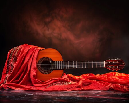 Spanish flamenco guitar with fiery red and black motifs draped in a silk shawl dramatic stage lighting