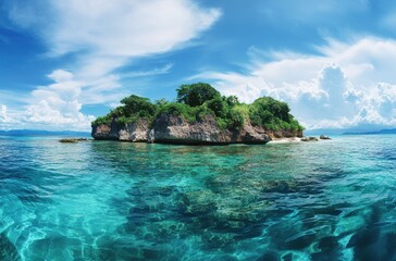 Serene Tropical Island Surrounded by Crystal Clear Water under Bright Blue Sky with Fluffy Clouds, Ideal for Travel and Nature Themes