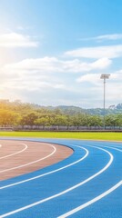 Lush Outdoor Track with Bright Blue Surface under Clear Sky and Sunlight in a Sports Field Setting