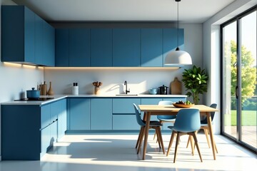 Modern minimalist kitchen interior design, blue low poly decor, natural light, blue, kitchen