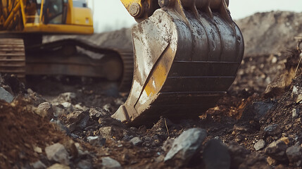Excavator operator clearing debris at an iron ore excavation site. Featuring machinery operation and site preparation