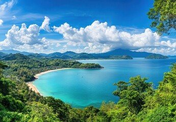 Serene Tropical Landscape with Lush Green Trees and Crystal Clear Water Under Bright Blue Sky and Fluffy White Clouds in a Peaceful Coastal Setting