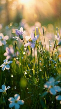 Close-up video shot of delicate flowers in a sunlit meadow, capturing a dreamy, ethereal atmosphere with a soft focus and warm glow.
