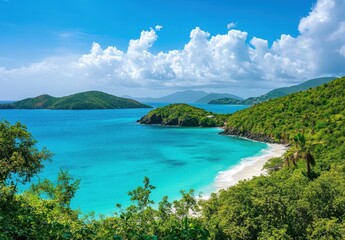 Serene Tropical Landscape with Turquoise Waters, Lush Green Hills, and Dramatic Cloudy Sky in a Caribbean Setting