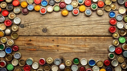 Rustic Wooden Background Decorated with a Colorful Border of Bottle Caps