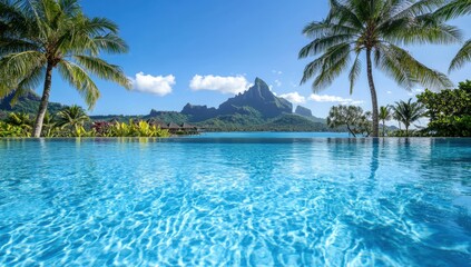 Serene Tropical Paradise with Inviting Blue Water, Lush Palm Trees, and Majestic Mountain Range Under Clear Blue Sky in Scenic Landscape View