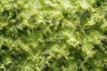 Close-up view of a thick layer of vibrant green algae.
