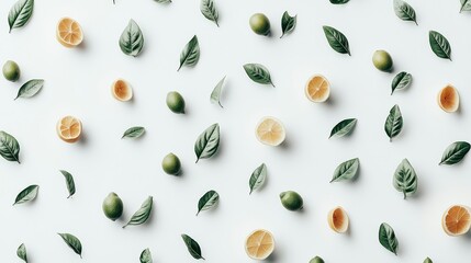 Fresh citrus and leaves pattern on a white background