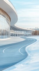 Fototapeta premium Sleek Modern Architectural Design of a Curved Building with Snow-Covered Pathways Under Clear Sky at Daylight