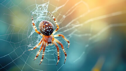 Ornate spider on a delicate web, bathed in warm sunlight.