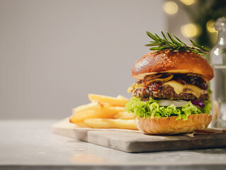 Gourmet burger stacked with cheese, lettuce, onion jam, rosemary fries on light-gray tabletop, soft natural light and minimalist backdrop with empty space for text.