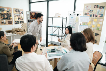 Creative team presentation on sustainable product design, highlighting eco-friendly materials, biodegradable packaging, and innovative concepts that promote environmental responsibility conscious