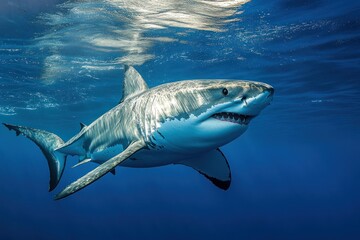 Fototapeta premium Great white shark swimming underwater in deep blue ocean water.