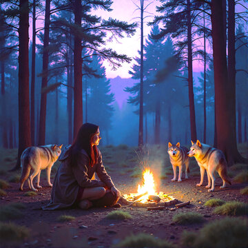 woman with wolves by a fire 