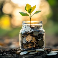 growing plant in a jar filled with coins for financial growth