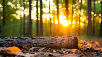 Obraz premium Golden Sunset Through Forest Trees With Fallen Log