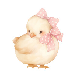 Yellow chicken with pink bow on transparent background