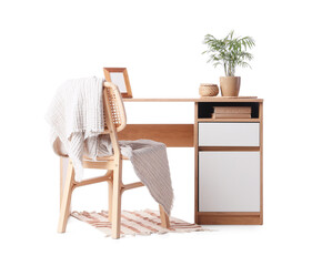 Desk with plant and chair on white background
