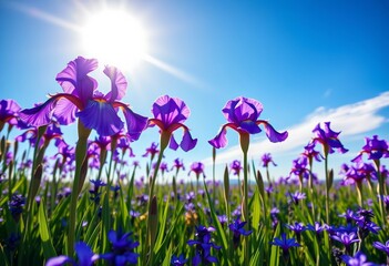 Sun-drenched purple irises bloom in a vast field under a brilliant blue sky, background, blue sky