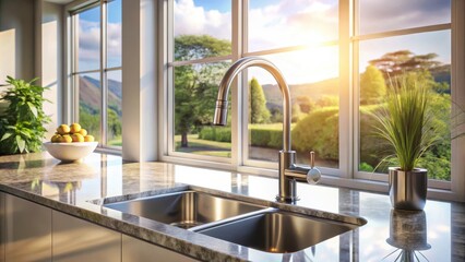 Fototapeta premium Modern kitchen design featuring a sleek double sink and a contemporary faucet, bathed in warm sunlight streaming through large windows showcasing a tranquil landscape