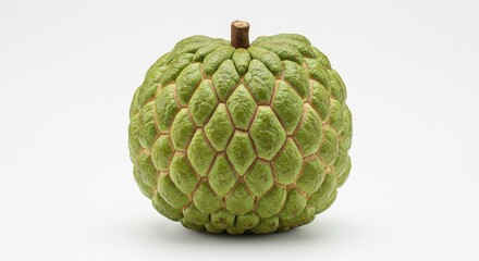 Fototapeta premium Single custard apple with a bumpy, scale-like green skin featuring a mix of pale and dark green tones