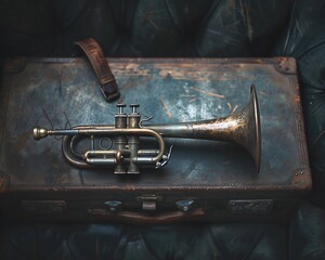 Old jazz trumpet with a muted brass finish resting on a leather suitcase in a dimly lit speakeasy