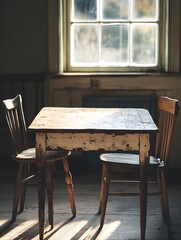 Rustic Farmhouse Dining Room with Wooden Table and Vintage Decor in Natural Light - Interior Photography of a Cozy Dining Space with Classic Chairs and Warm Tones