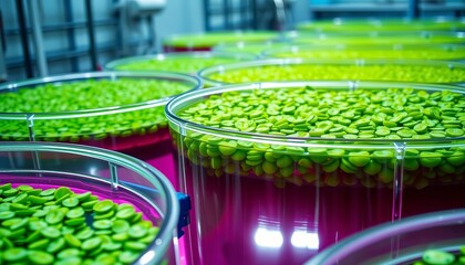 Vast glass tanks brimming with vibrant green microalgae in a bioreactor facility, liquid, tank