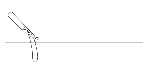 Straight razor continuous single one line art drawing, Continuous one line drawing of straight razor. Vintage barber razor isolated on a white background. Barbershop concept. Doodle hand drawn vector 