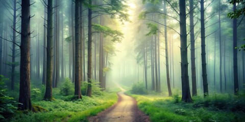 Serene Path Winding Through a Misty Green Forest with Sunlight Streaming Through the Trees