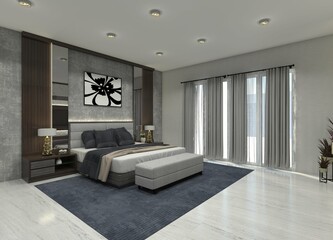 Modern 3D bedroom interior design featuring a comfortable bed with a decorative panel. 