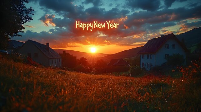 Peaceful New Year s sunrise in a scenic rural landscape