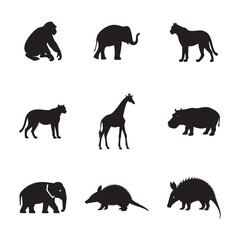 A collection of black silhouette illustrations featuring various wild animals including a monkey, elephant, giraffe, and more.
