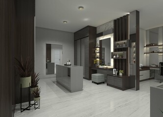 Luxurious 3D walk-in closet interior design with wardrobes and dressing table. 