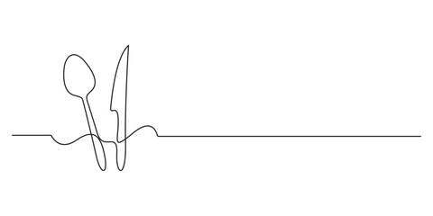 Set in continuous line drawing style of spoon fork steak knife line art decorative vector illustration