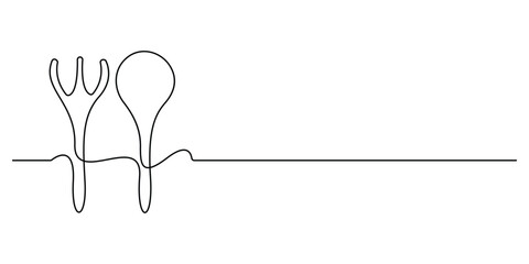 Baby spoon and fork continuous vector line drawing