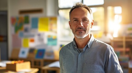 A confident middle-aged European male teacher stands in a well-lit classroom, exuding professionalism and warmth. His presence inspires both students and peers in an engaging learning environment.